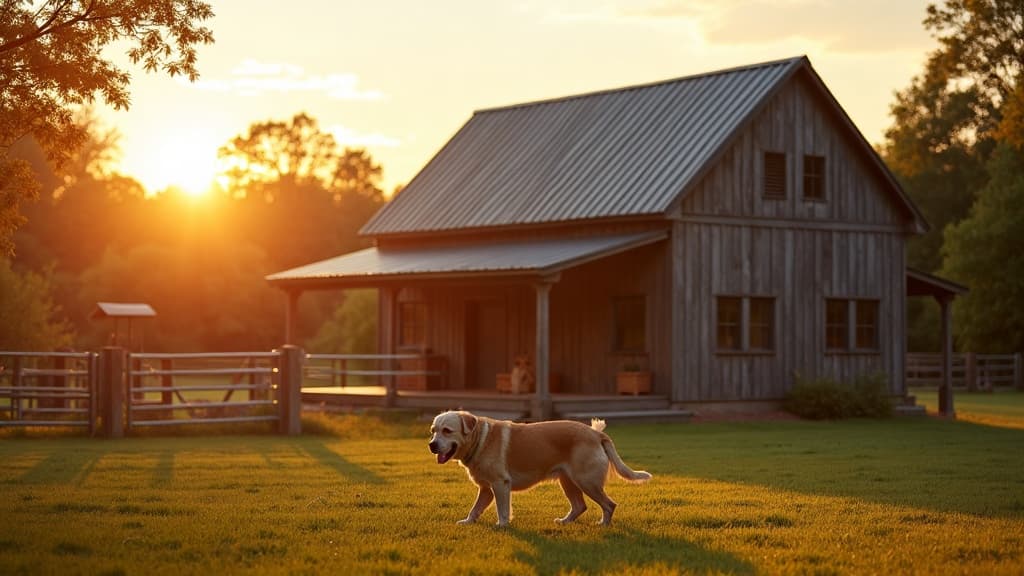 The PureLine kennel facility at golden hour with dogs playing in the yard