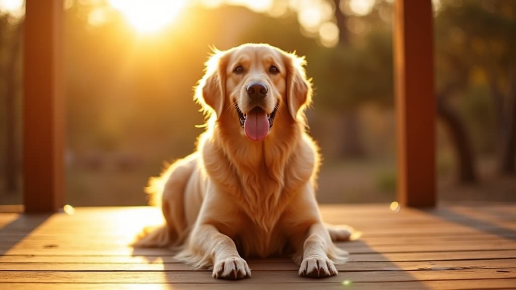 A well-groomed golden retriever sitting on a wooden deck at golden hour
