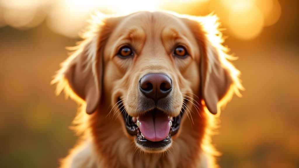 A happy golden retriever in warm golden-hour light