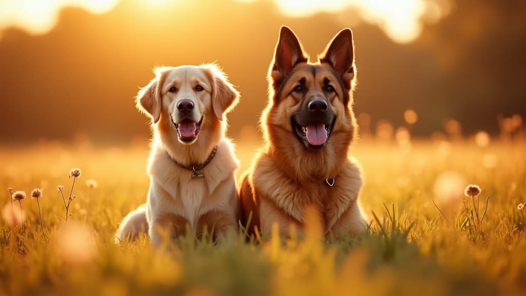 Golden retriever and german shepherd sitting together in a sunlit meadow at golden hour