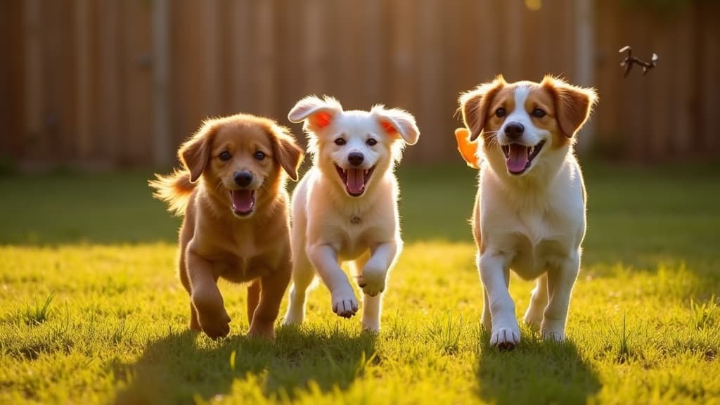 Dogs playing together in a sunny fenced kennel yard at golden hour